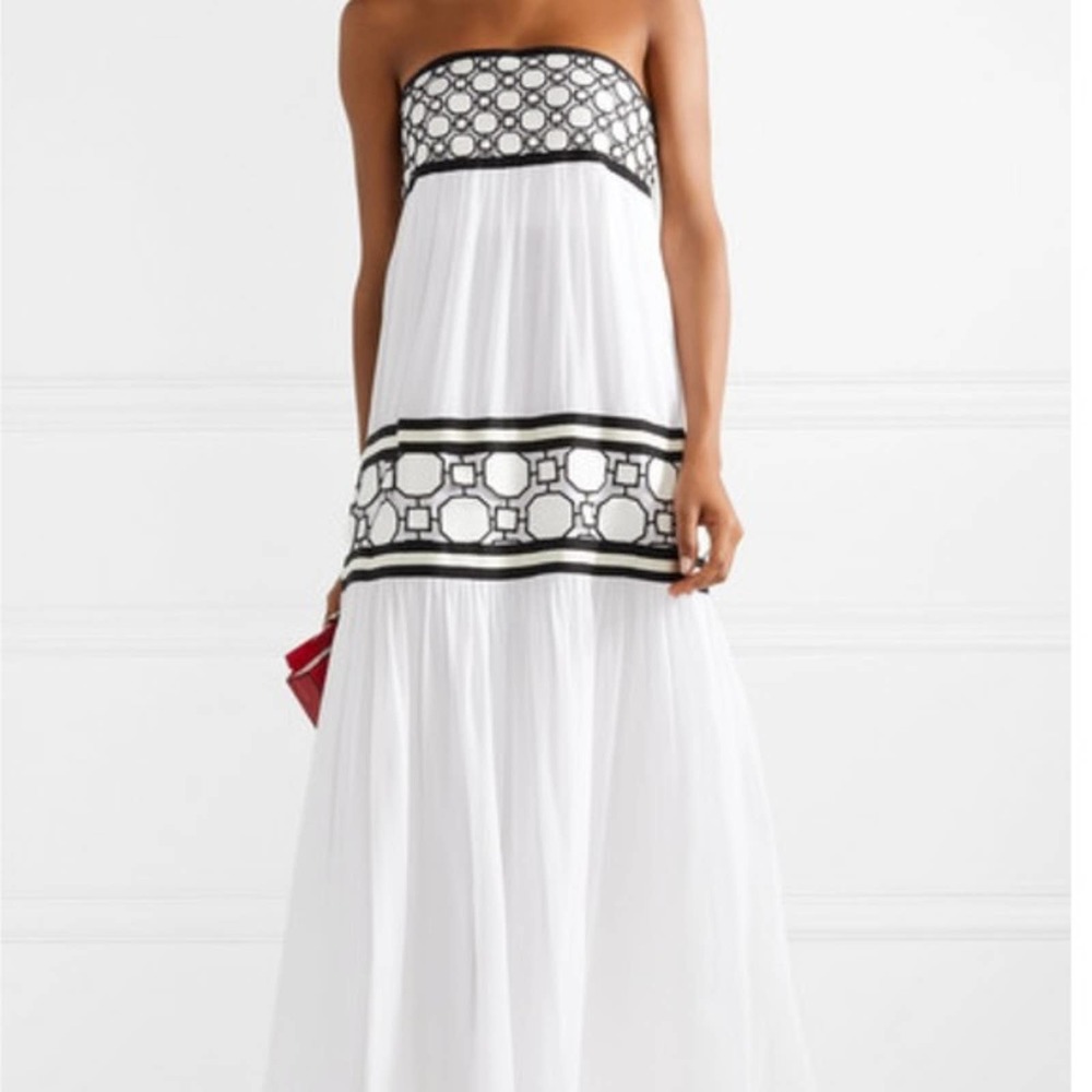 NWT Tory Burch white SILK Christie Dress GEOMETRIC Strapless Maxi Prom Gown 8 M